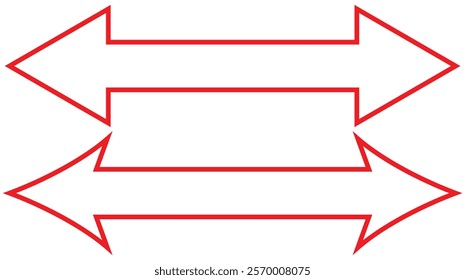 Red arrow double pointing. Long, straight-line arrow icon. Graphic illustration for direction symbols, up and down signs. Vector horizontal arrow variation isolated on white background. Eps 10