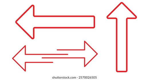 Red arrow double pointing. Long, straight-line arrow icon. Graphic illustration for direction symbols, up and down signs. Vector horizontal arrow variation. Bold arrow icon. Design eps 10