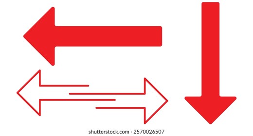 Red arrow double pointing. Long, straight-line arrow icon. Graphic illustration for direction symbols, up and down signs. Vector horizontal arrow variation. Bold arrow icon. Design eps 10