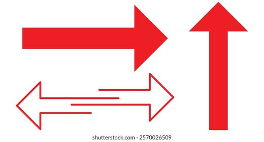 Red arrow double pointing. Long, straight-line arrow icon. Graphic illustration for direction symbols, up and down signs. Vector horizontal arrow variation. Bold arrow icon. Design eps 10