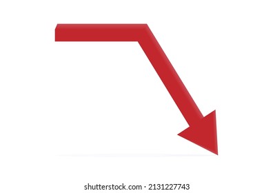 Red arrow down. Fall icon, recession, collapse. Reduction of shares on the stock exchange, depreciation, drop of securities. Process of financial collapse. The concept of bankruptcy. Vector chart