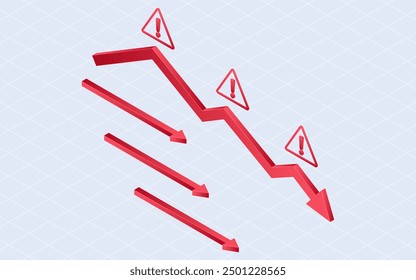 Flecha roja hacia abajo, pérdidas del mercado financiero. Concepto de crisis del mercado de valores. Ilustración vectorial isométrica 3D