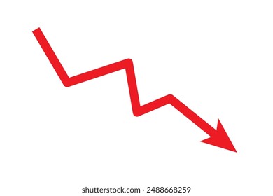 Icono de flecha roja hacia abajo. Signo de flecha de declinación de indicación. Símbolo gráfico estadístico de disminución financiera. Gráfico de pérdidas financieras. Ilustración vectorial