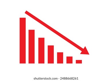 Red arrow down icon. Indication decline arrow sign. Financial decrease statistic graphic symbol. Financial losses chart. Vector illustration