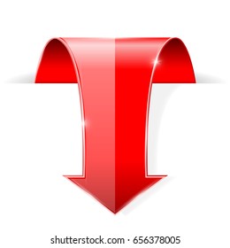 Red arrow. Down sign with transparent shadow. Vector illustration isolated on white background