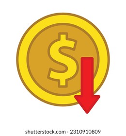 Red arrow down stock with dollar coin on white background. Bankruptcy, financial market crash icon for your web site design, logo, app, UI. graph chart downtrend symbol.chart going down sign.