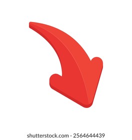 Red arrow in downward motion projecting failing and decreasing movement. Red glossy arrow icon design. Vector illustration.