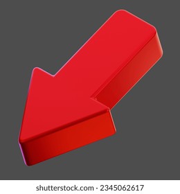 Red arrow facing down. Realistic 3d arrow in cartoon style. Icon vector illustration isolated on background.