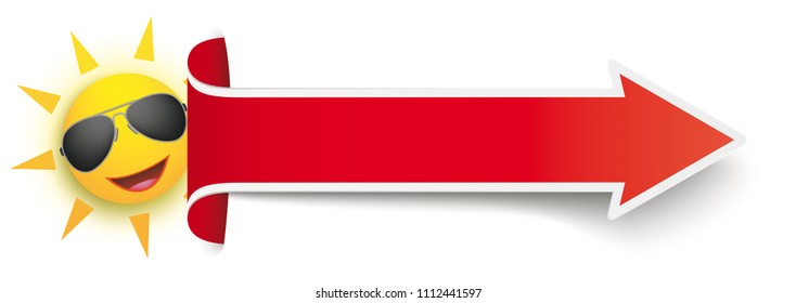 Red arrow with funny sun on the white background. Eps 10 vector file.