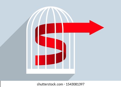 Red arrow is getting out of cage. Symbol of prospects and opportunities constrained by external factors. Concept of freedom of development and self-development in business and social spheres