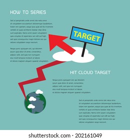 Red arrow from globe strike target on cloud with sample text a vector business concept for presentation