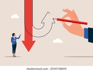 Red arrow goes down. Hand draws an arrow up. Decision to change to better opportunity. Big hand draw new arrow of change direction. Flat vector illustration