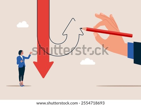 Red arrow goes down. Hand draws an arrow up. Decision to change to better opportunity. Big hand draw new arrow of change direction. Flat vector illustration