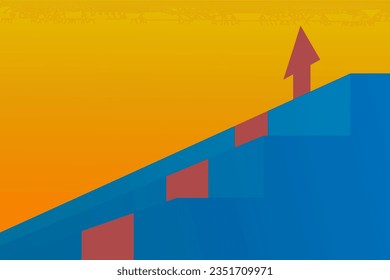 The red arrow goes up the stairs on an orange background. Financial growth, investment, income growth graph, sales concept, profit increase, financial report graph. Vector, banner.