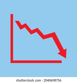 Red Arrow Going Down Stock Icon On Blue Background. Flat Style. Bankruptcy, Financial Market Crash Icon For Your Web Site Design, Logo, App, UI. Graph Chart Downtrend Symbol. Chart Going Down Sign.