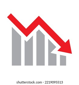 Red arrow going down stock icon on white background. Bankruptcy, financial market crash icon for your web site design, logo, app, UI. graph chart downtrend symbol.chart going down sign.