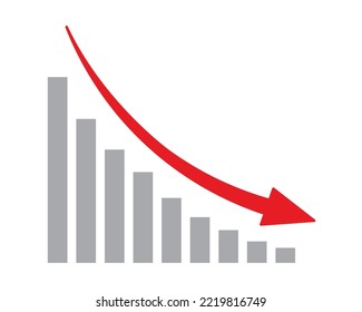 Red arrow going down stock icon on white background. Decrease, Bankruptcy, financial market crash icon for your web site design, logo, app, UI. graph chart downtrend symbol.chart going down sign.