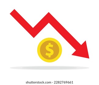 Red arrow going down stock with dollar coin on white background. Bankruptcy, financial market crash icon for your web site design, logo, app, UI. graph chart downtrend symbol.chart going down sign.