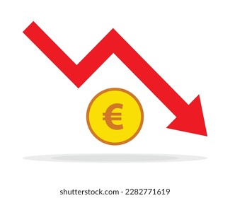 Flecha roja que baja el stock con el icono de la moneda de euro sobre fondo blanco. Bankruptcy, icono de caída del mercado financiero para tu diseño de sitio web, logotipo, aplicación, interfaz de usuario. gráfico gráfico gráfico gráfico abajo tendencia símbolo.gráfico abajo.