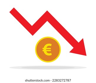 Flecha roja que baja el stock con el icono de la moneda de euro sobre fondo blanco. Bankruptcy, icono de caída del mercado financiero para tu diseño de sitio web, logotipo, aplicación, interfaz de usuario. gráfico gráfico gráfico gráfico abajo tendencia símbolo.gráfico abajo.