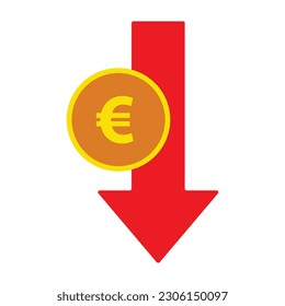 Flecha roja que baja el stock con el icono de la moneda de euro sobre fondo blanco. Bankruptcy, icono de caída del mercado financiero para tu diseño de sitio web, logotipo, aplicación, interfaz de usuario. gráfico gráfico gráfico gráfico abajo tendencia símbolo.gráfico abajo.