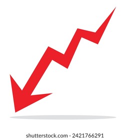 Red arrow going down stock icon on transparency background. Bankruptcy, financial market crash icon for your web site design, logo, app, UI. graph chart downtrend symbol. chart going down sign. PNG