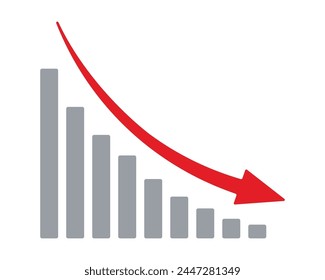 Red arrow going down stock icon on white background. Decrease, Bankruptcy, financial market crash icon for your web site design, logo, app, UI. graph chart downtrend symbol.chart going down sign.