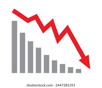 Flecha roja bajando icono de stock sobre fondo blanco. Decremento, bancarrota, colapso del mercado financiero para el diseño de su Sitio web, logotipo, App, UI. gráfico abajo symbol.chart bajando signo.