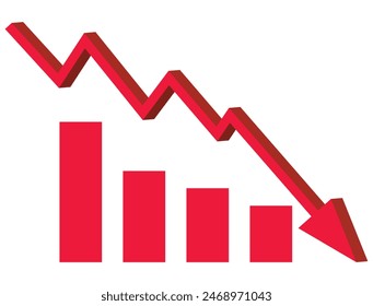 Red arrow going down stock icon on white background. Bankruptcy, financial market crash icon for your web site design, logo, app, UI. graph chart downtrend symbol.chart going down sign. eps 10
