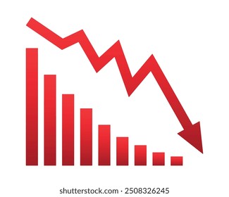 Red arrow going down stock icon on white background. Bankruptcy, financial market crash icon for your web site design, logo, app, UI. graph chart down trend symbol.chart going down sign.