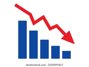 Red arrow going down stock icon on white background. Decrease, Bankruptcy, financial market crash icon for your web site design, logo, app, UI. graph chart downtrend symbol.chart going down sign.