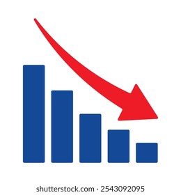 Red arrow going down stock icon on white background. Decrease, Bankruptcy, financial market crash icon for your web site design, logo, app, UI. graph chart downtrend symbol.chart going down sign.