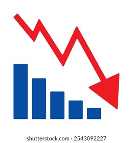 Red arrow going down stock icon on white background. Decrease, Bankruptcy, financial market crash icon for your web site design, logo, app, UI. graph chart downtrend symbol.chart going down sign.