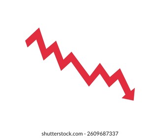 Red arrow going down stock icon. Statistic and data, bankruptcy, financial crisis, money loss, down arrow, economy reduction . Graph chart downtrend symbol. Chart going down sign on white background