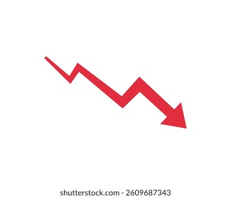 Red arrow going down stock icon. Statistic and data, bankruptcy, financial crisis, money loss, down arrow, economy reduction . Graph chart downtrend symbol. Chart going down sign on white background