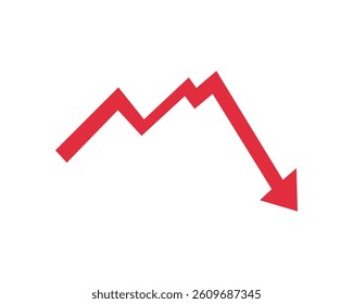 Red arrow going down stock icon. Statistic and data, bankruptcy, financial crisis, money loss, down arrow, economy reduction . Graph chart downtrend symbol. Chart going down sign on white background