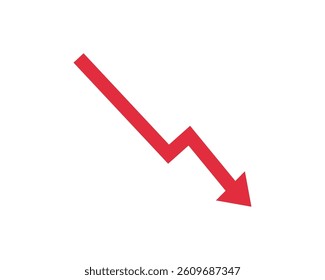 Red arrow going down stock icon. Statistic and data, bankruptcy, financial crisis, money loss, down arrow, economy reduction . Graph chart downtrend symbol. Chart going down sign on white background