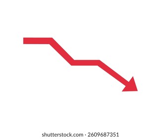 Red arrow going down stock icon. Statistic and data, bankruptcy, financial crisis, money loss, down arrow, economy reduction . Graph chart downtrend symbol. Chart going down sign on white background