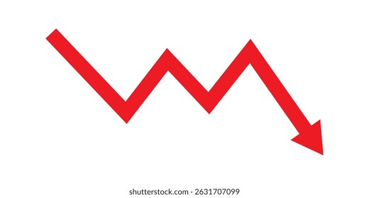 Red arrow going down stock icon on white background. Symbol of down arrow graph icon. financial market crash icon. Red Down Arrow Stock Market Crash Decline Fall icon vector. 