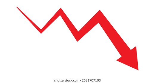 Red arrow going down stock icon on white background. Symbol of down arrow graph icon. financial market crash icon. Red Down Arrow Stock Market Crash Decline Fall icon vector. 