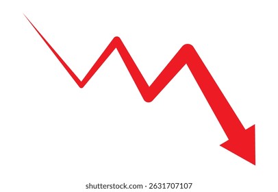 Red arrow going down stock icon on white background. Symbol of down arrow graph icon. financial market crash icon. Red Down Arrow Stock Market Crash Decline Fall icon vector. 