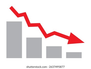 Red arrow going down stock icon on white background. Decrease, Bankruptcy, financial market crash icon for your web site design, logo, app, UI. graph chart downtrend symbol.chart going down sign.