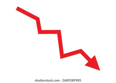 Flecha roja bajando icono simple de stock sobre fondo blanco. Bancarrota, ícono de caída del mercado financiero para su diseño de Sitio web, logotipo, App, interfaz de usuario. gráfico gráfico de tendencias hacia abajo symbol.chart bajando signo.