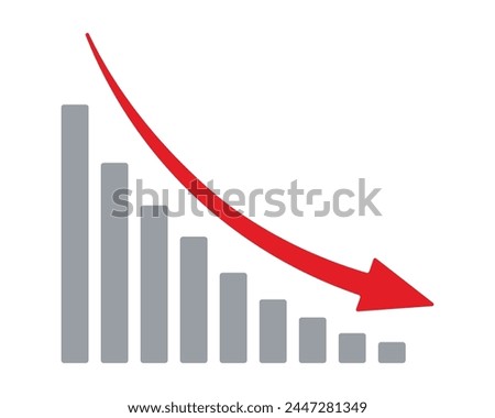 Red arrow going down stock icon on white background. Decrease, Bankruptcy, financial market crash icon for your web site design, logo, app, UI. graph chart downtrend symbol.chart going down sign.