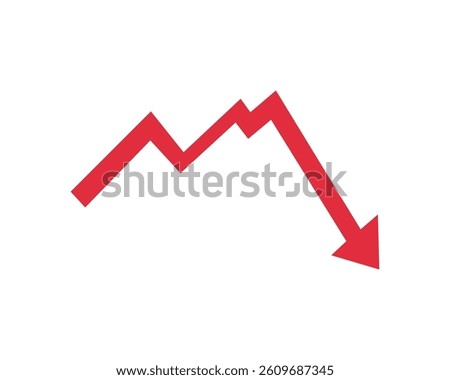 Red arrow going down stock icon. Statistic and data, bankruptcy, financial crisis, money loss, down arrow, economy reduction . Graph chart downtrend symbol. Chart going down sign on white background