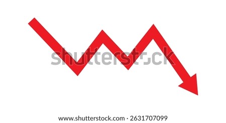 Red arrow going down stock icon on white background. Symbol of down arrow graph icon. financial market crash icon. Red Down Arrow Stock Market Crash Decline Fall icon vector. 