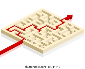 red arrow going through the maze. path across a labyrinth, eps 8 vector