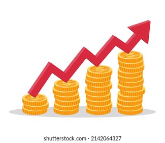 Red arrow up and gold coin stack isolated on white background. financial growth to success concept. increasing income financial graph. vector illustration design. return on investment.