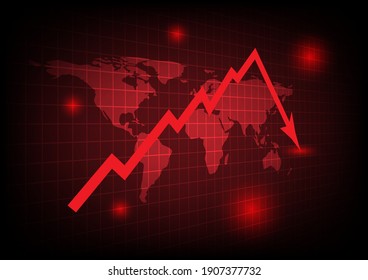 Red arrow graph drop arrow down with world map on red background. Money losing. Stock crisis and finance concept.