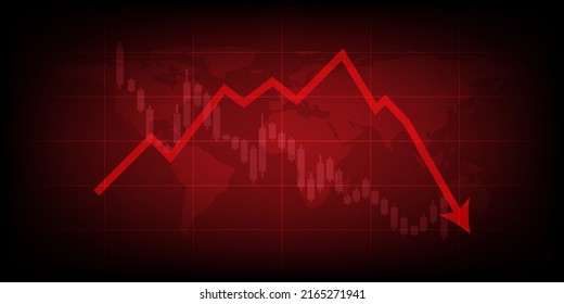 Red arrow graph drop arrow down with world map on red background. Money losing. Stock crisis and finance concept. - Shutterstock ID 2165271941